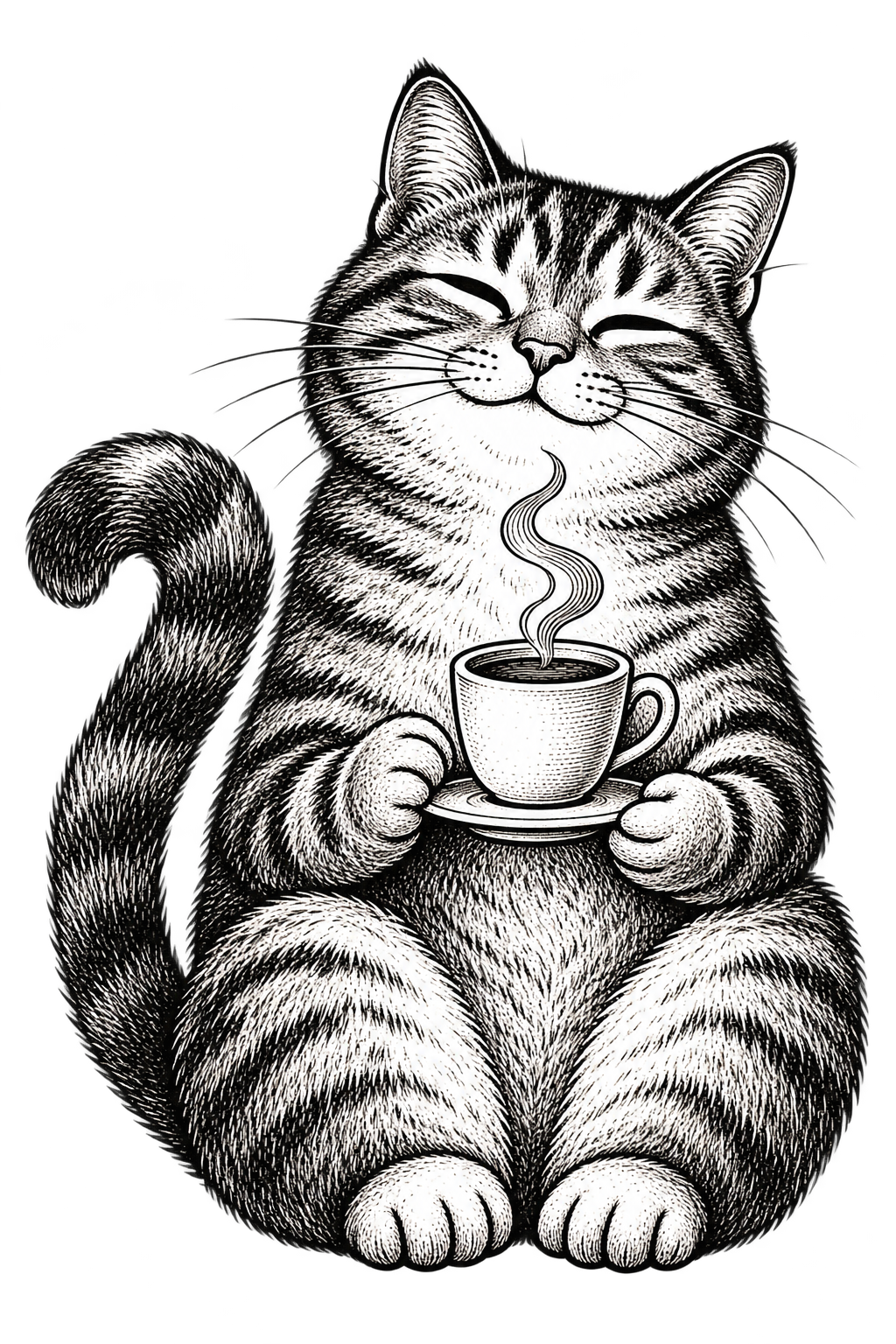 Gezeichnete Katze Mocha mit einer dampfenden Tasse Kaffee.